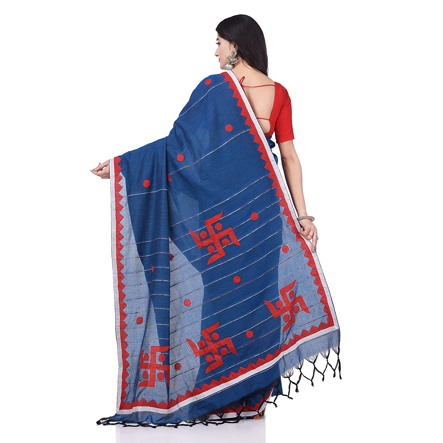 Desh Bidesh Women's Bengali Khesh Pure Cotton Handloom Saree Swastik Designed With Blouse Piece - Distacart