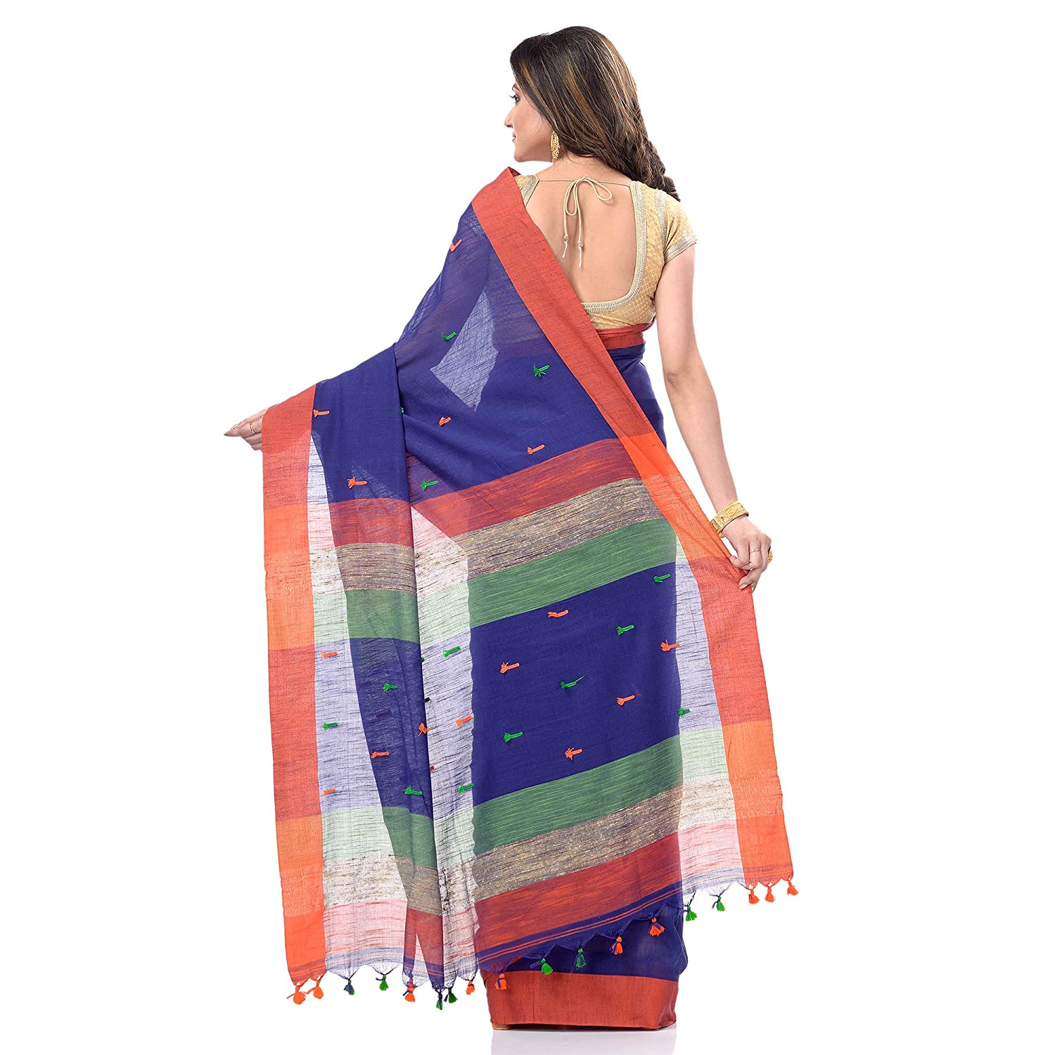 Desh Bidesh Women's Traditional Bengali Tant Handloom Cotton Saree With Blouse Piece (Blue Orange) - Distacart