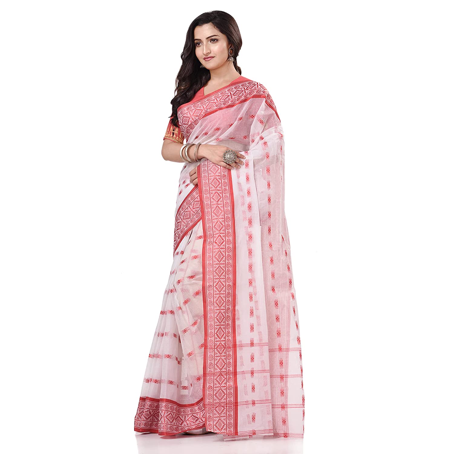 Desh Bidesh Women's Traditional Bengal Tant Woven Lal Paar Sada Design Pure Handloom Cotton Saree Without Blouse Piece - Distacart