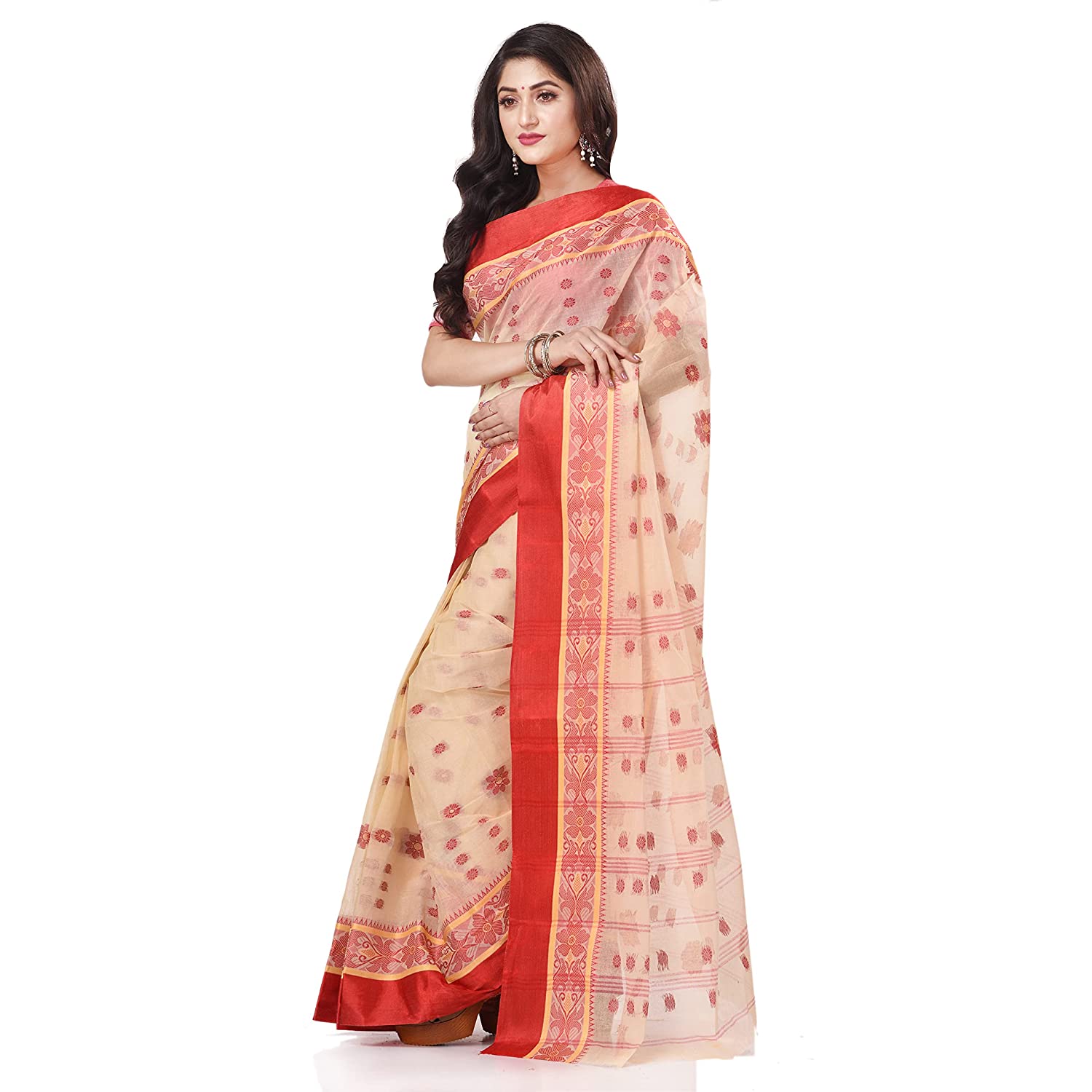 Desh Bidesh Women's Traditional Bengal Phulkoli Woven Design Pure Handloom Cotton Saree Without Blouse Piece - Distacart