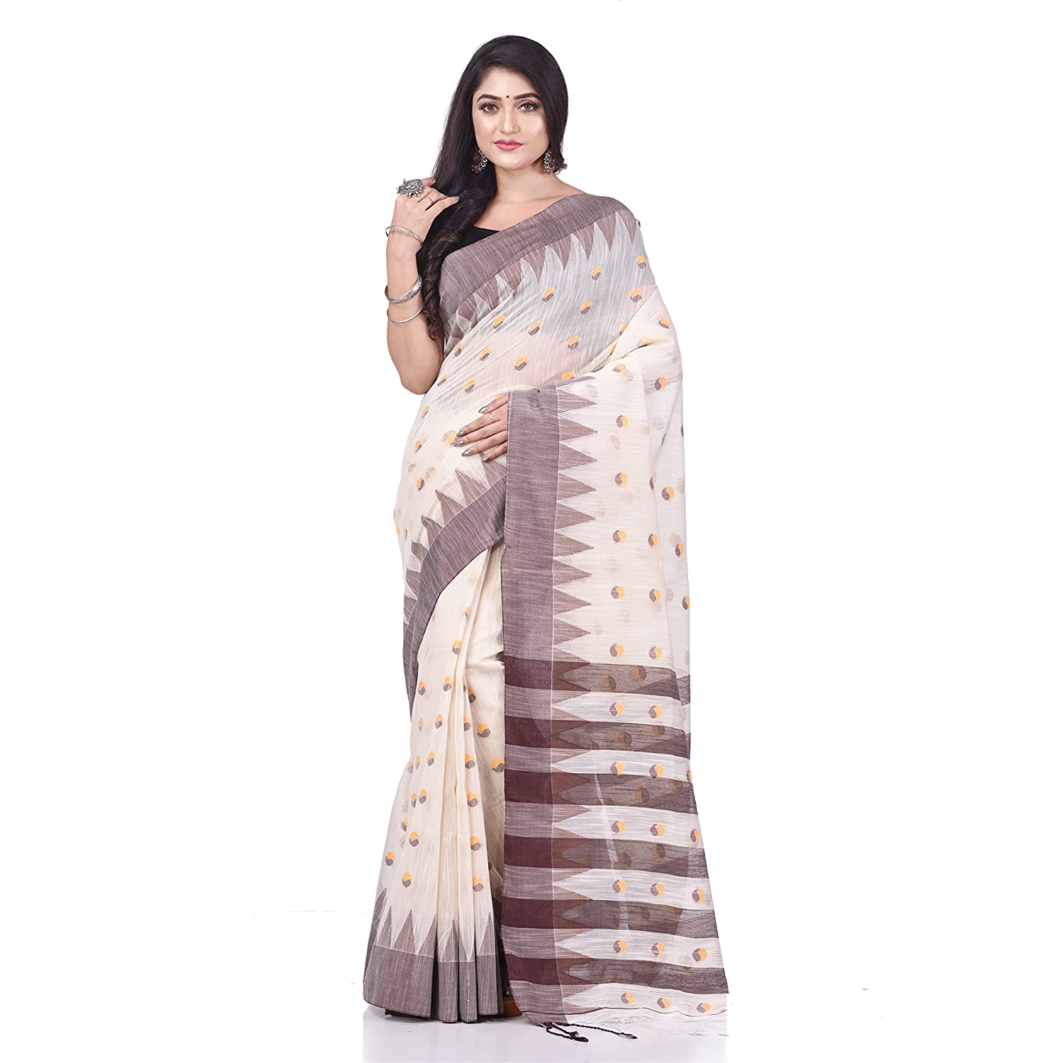 Desh Bidesh Women's Traditional Bengali Handloom Tant Pure Cotton Saree Khadi Bicolor Ball Temple Par Designed With Blouse Piece - Distacart