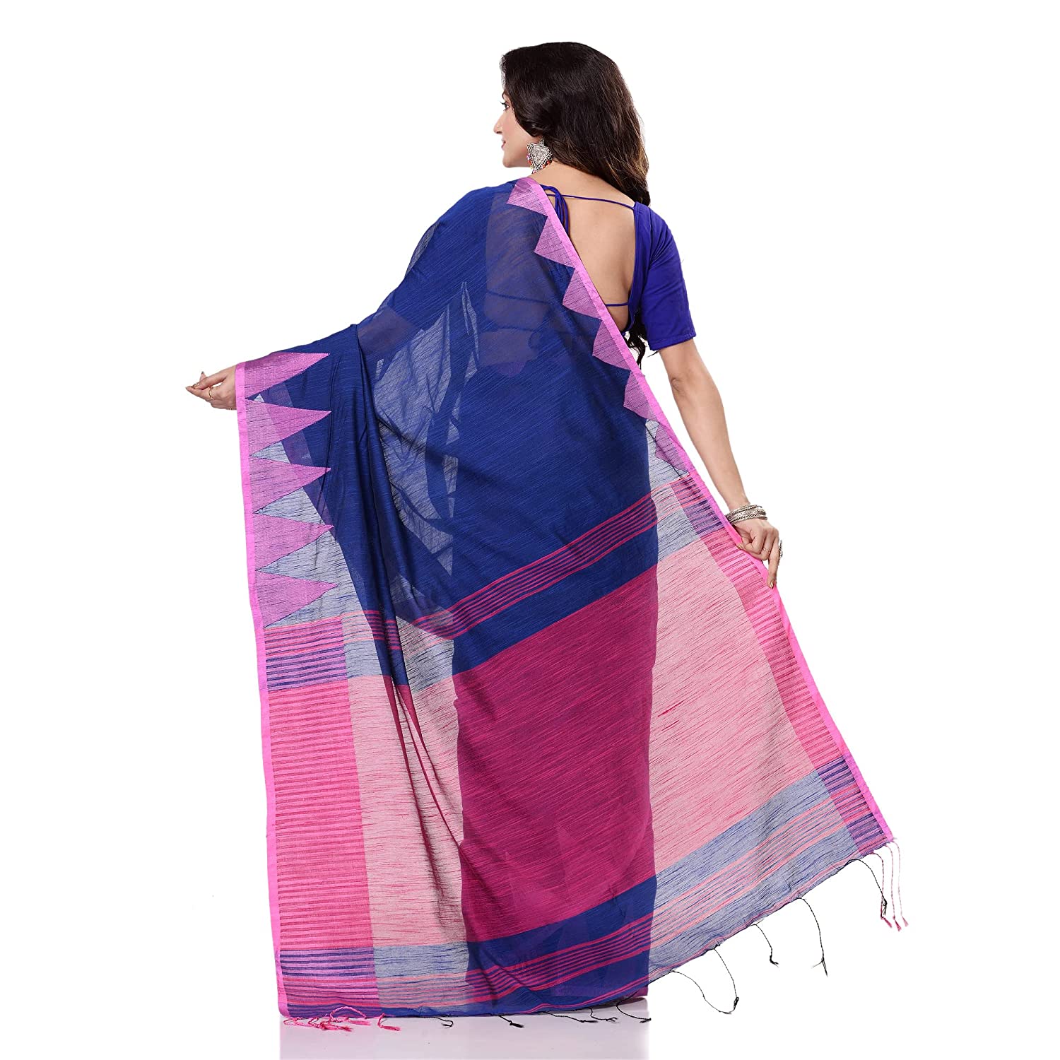 Desh Bidesh Women's Traditional Bengali Handloom Tant Pure Cotton Saree Khadi Temple Par Designed With Blouse Piece - Distacart