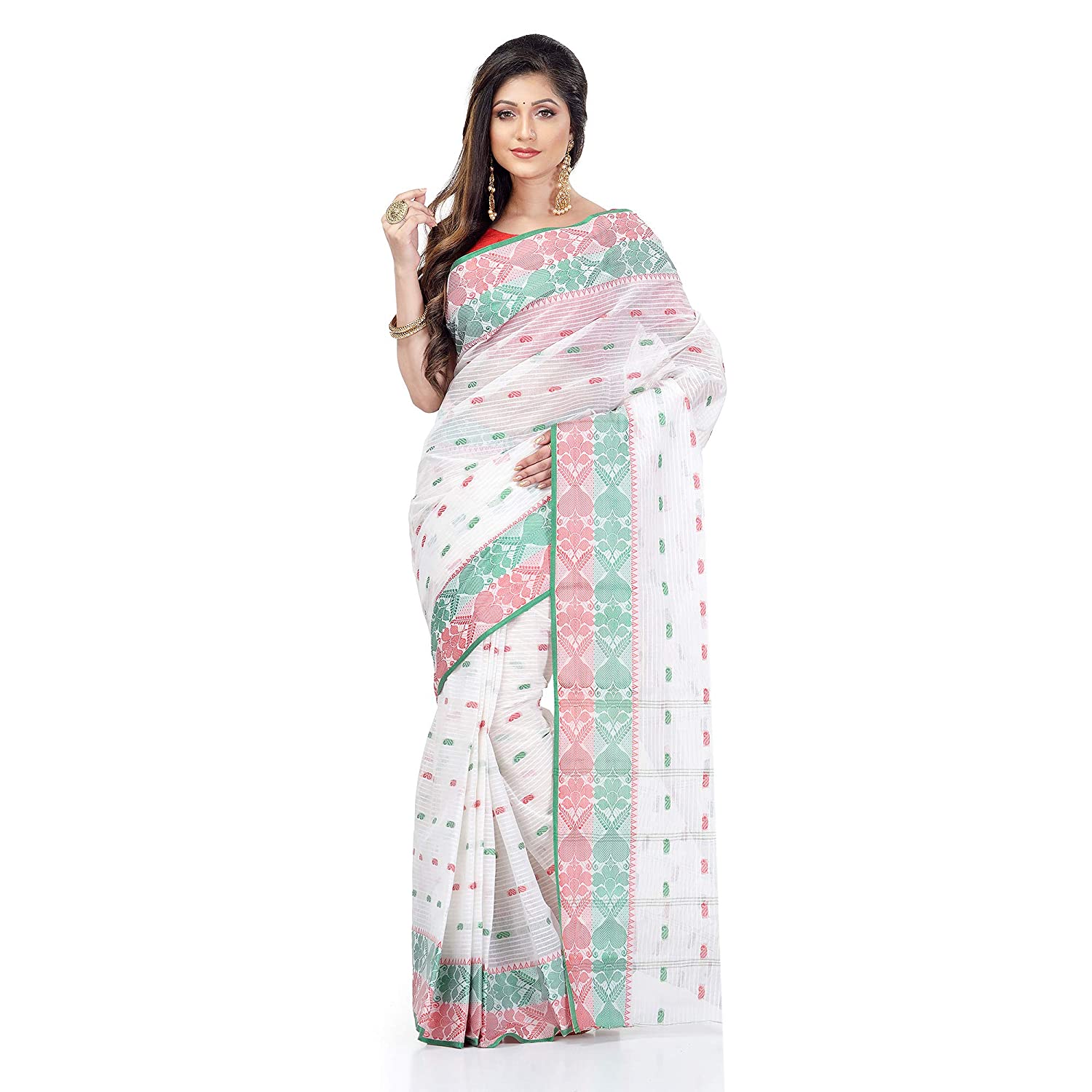 Desh Bidesh Women Pure Cotton Traditional Handloom Bengal Tant Saree Noyonchuri Design Without Blouse Piece (White Red Green) - Distacart