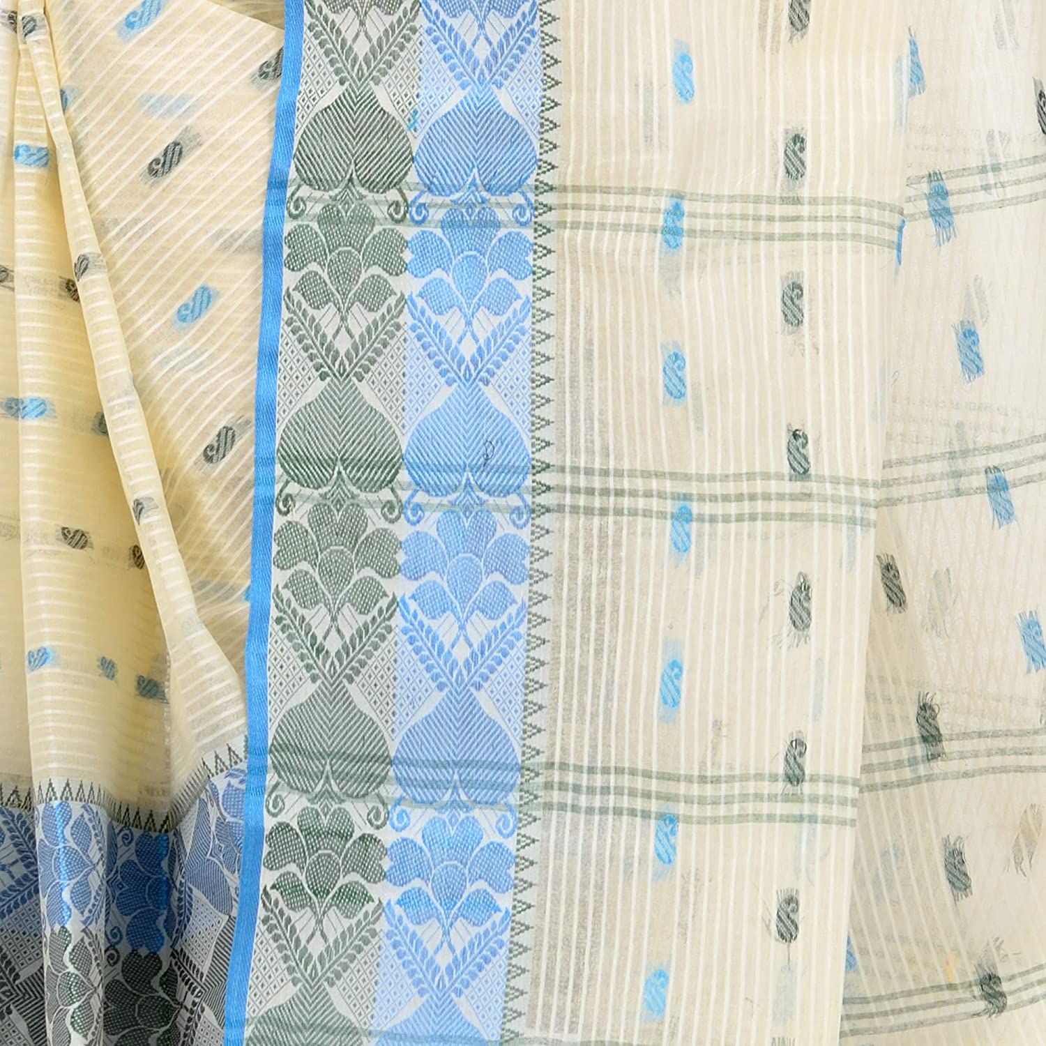 Desh Bidesh Women Pure Cotton Traditional Handloom Bengal Tant Saree Noyonchuri Design Without Blouse Piece (Blue Green) - Distacart