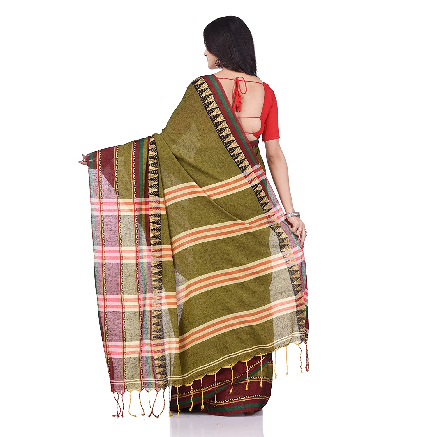 Desh Bidesh Women's Traditional Bengali Mandir Designed Pure Handloom Cotton Saree With Blouse Piece - Distacart