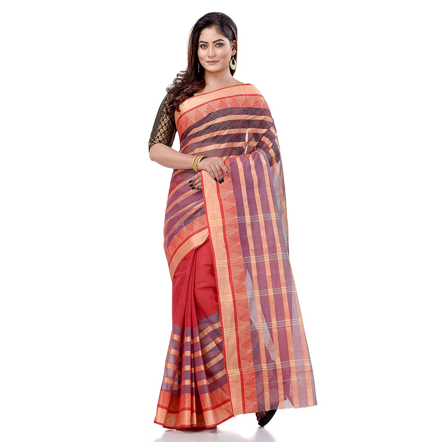 Desh Bidesh Women's Traditional Bengal Tant 3D Temple Design Handloom Pure Cotton Saree Without Blouse Piece - Distacart