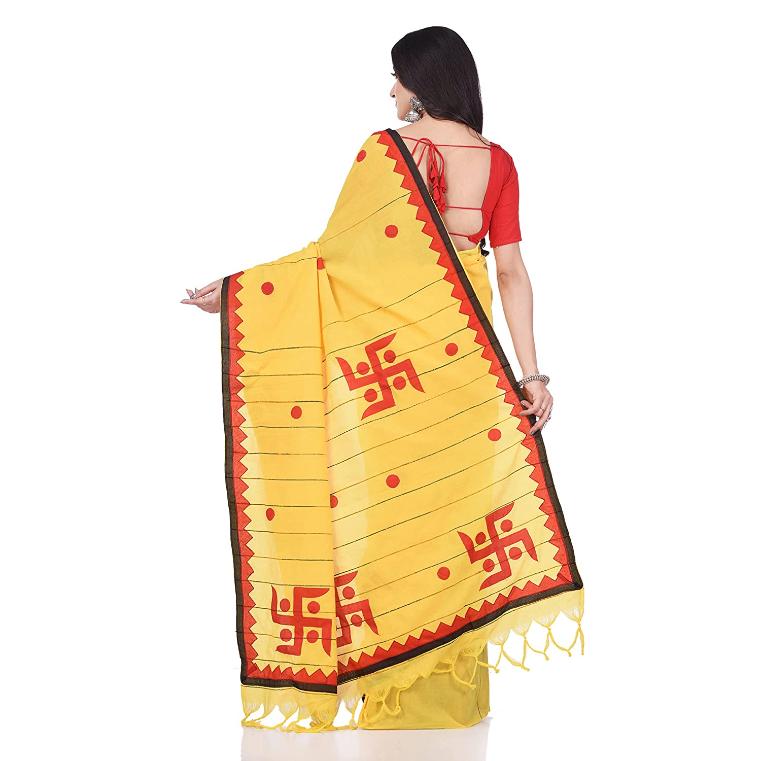 Desh Bidesh Women's Bengali Khesh Pure Cotton Handloom Saree Swastik Designed With Blouse Piece - Distacart
