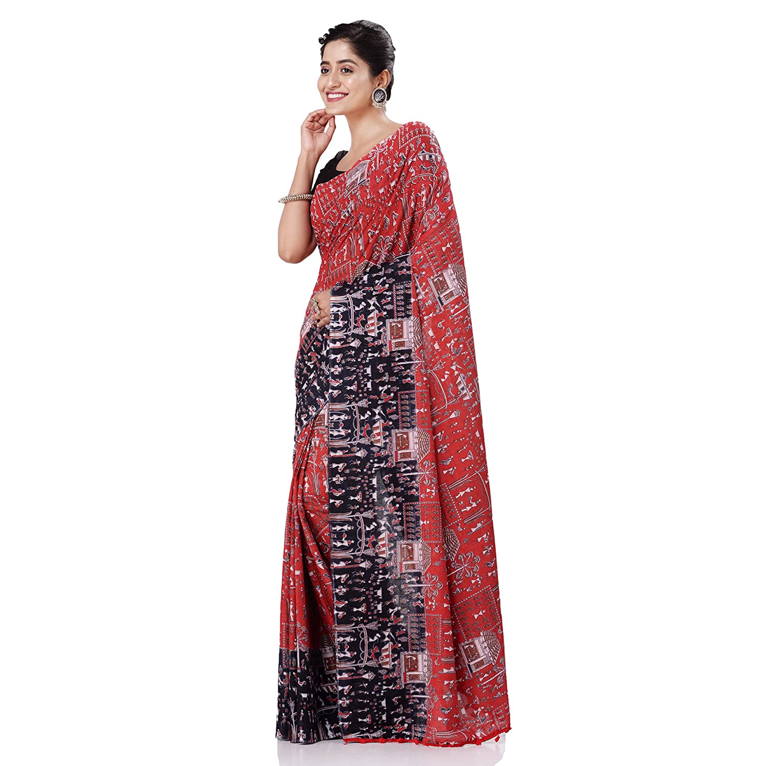 Desh Bidesh Women's Traditional Bengal Soft Kalamkari Printed Handloom Cotton Saree Border Tassels Without Blouse Piece - Distacart