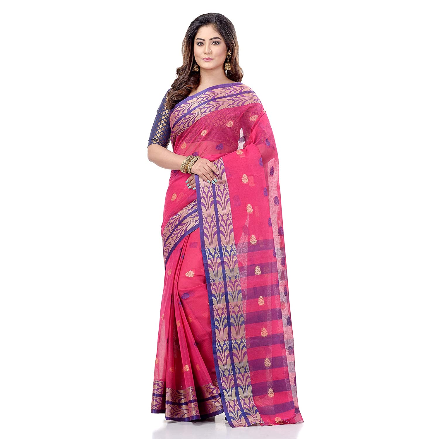 Desh Bidesh Bengal Cotton Women's Bengal Tant Woven Potrobinnas Design Pure Handloom Cotton Saree Without Blouse Piece - Distacart