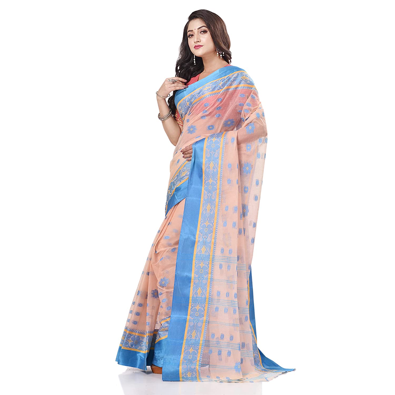 Desh Bidesh Women's Traditional Bengal Phulkoli Woven Design Pure Handloom Cotton Saree Without Blouse Piece - Distacart