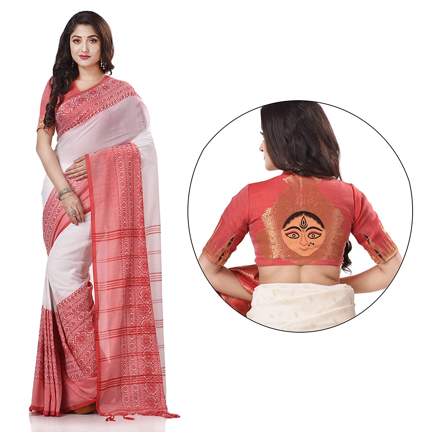 Desh Bidesh Women's Traditional Bengali Flower Design Bengamuri Pure Handloom Cotton Saree - Distacart