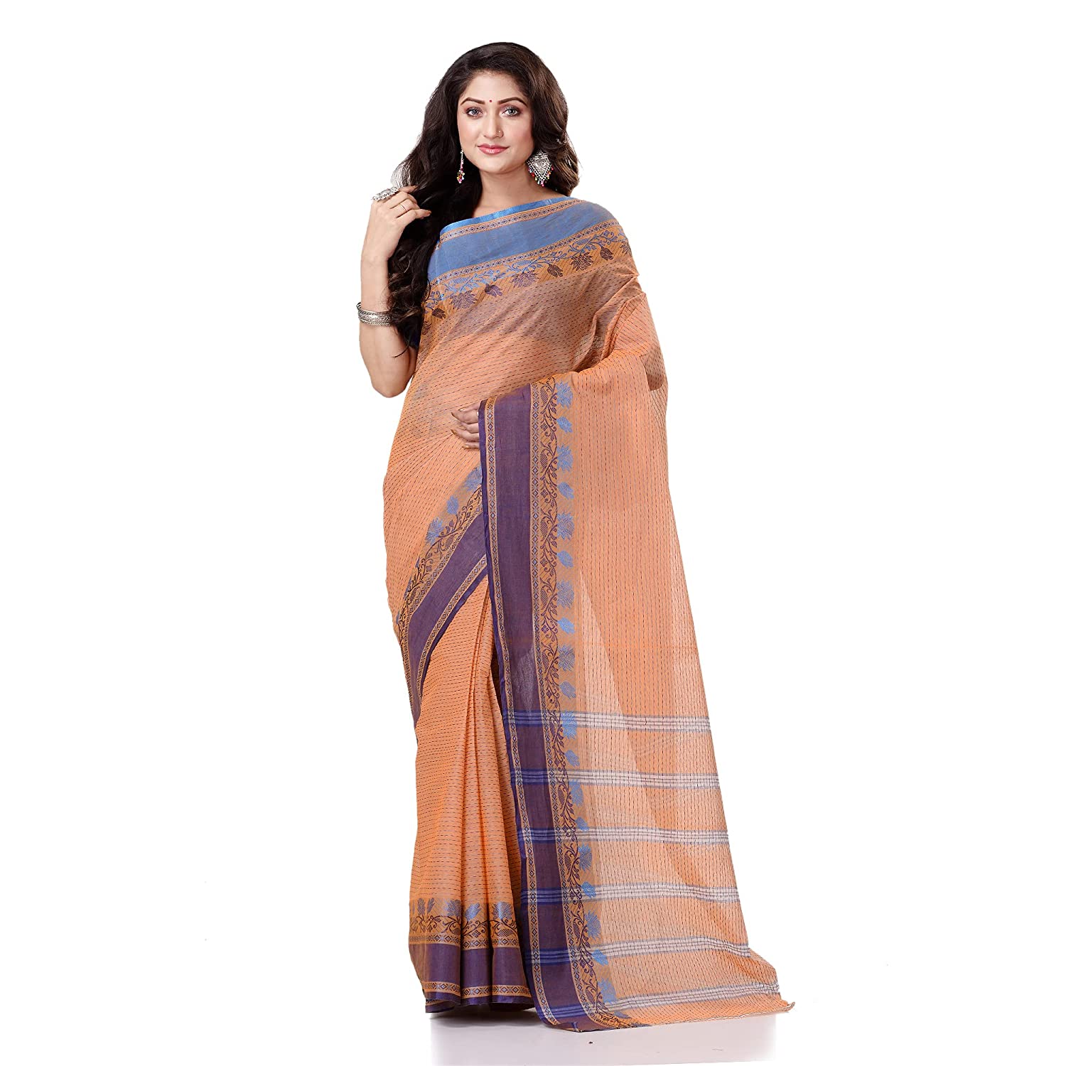 Desh Bidesh Women's Traditional Bengal Tant Pure Handloom Cotton Saree Jol Torongo Woven Design Without Blouse Piece - Distacart