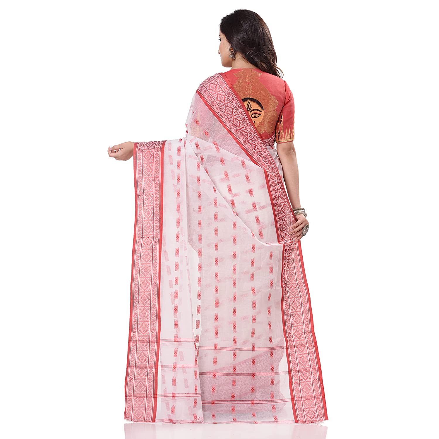 Desh Bidesh Women's Traditional Bengal Tant Woven Lal Paar Sada Design Pure Handloom Cotton Saree Without Blouse Piece - Distacart