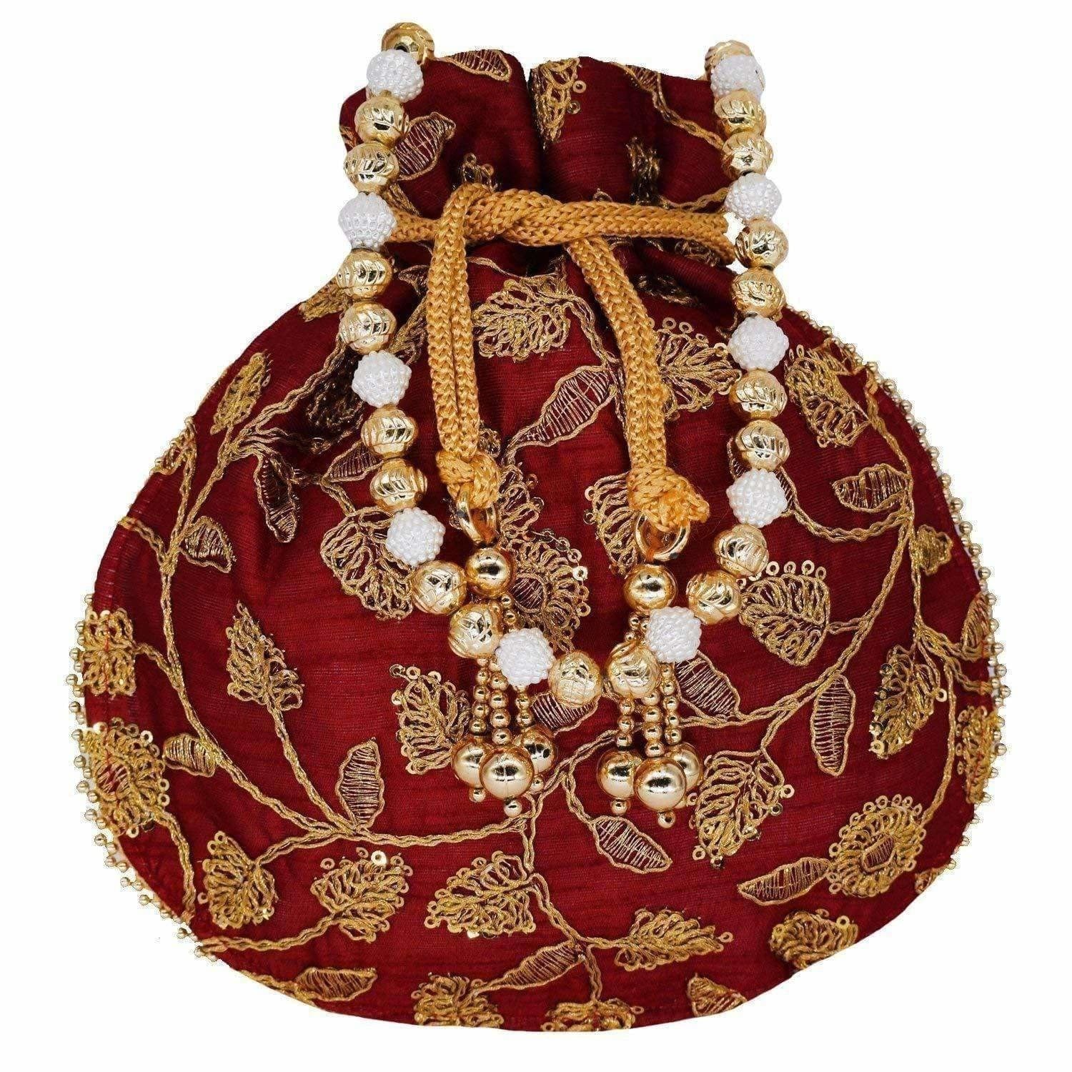 Ethnic Silk Potli bag Clutch Batwa Pouch with Embroidery and Metal Bead work Gift For Women - Distacart
