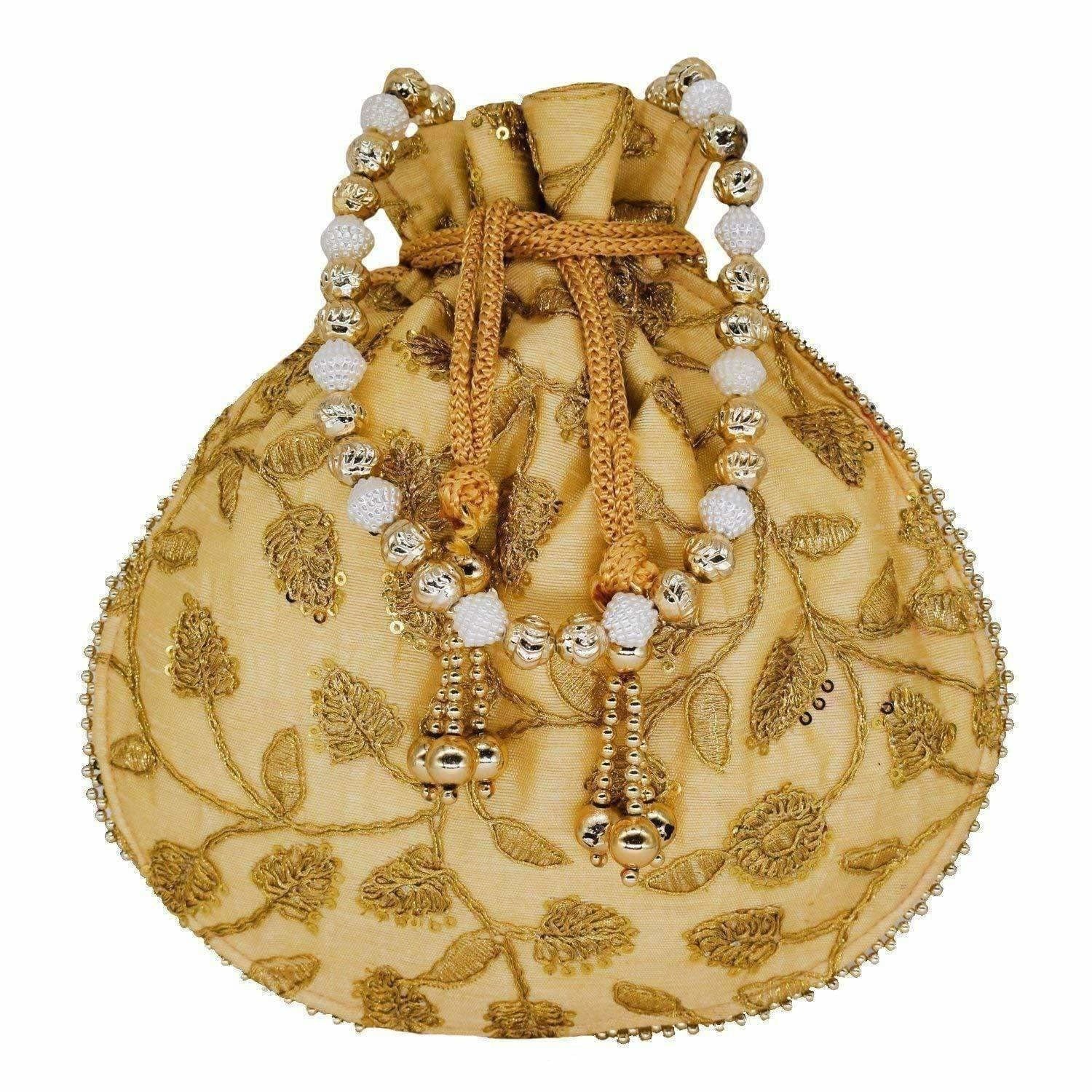 Ethnic Silk Potli bag Clutch Batwa Pouch with Embroidery and Metal Bead work Gift For Women - Distacart