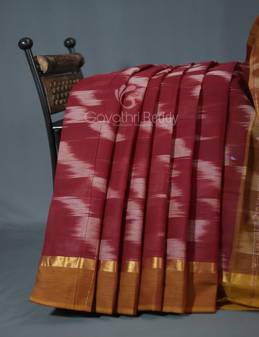 Dual Shades of Maroon And Chikoo Mangalagiri Ikkat Cotton Saree By Gayathri Reddy Designer Studio - Distacart