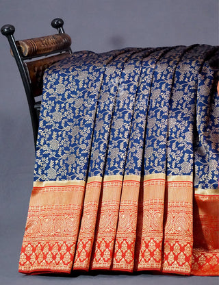 Shades of Navy Blue Floral Designbanaras Semi Silk Saree By Gayathri Reddy Designer Studio - Distacart