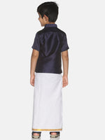 Thumbnail for Sethukrishna Boys Navy Blue & White Solid Shirt and Veshti Set - Distacart