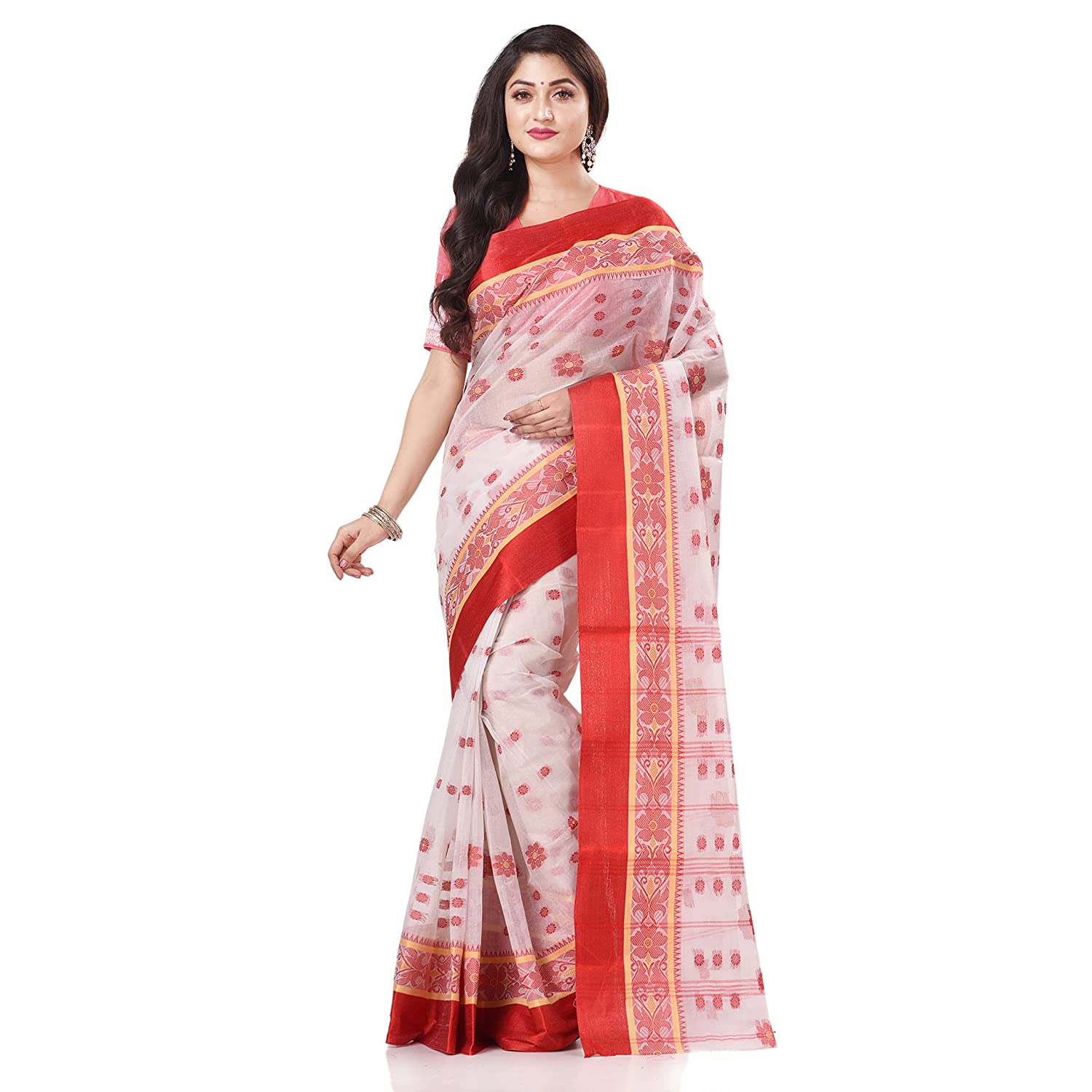 Desh Bidesh Women's Traditional Bengal Phulkoli Woven Design Pure Handloom Cotton Saree Without Blouse Piece - Distacart