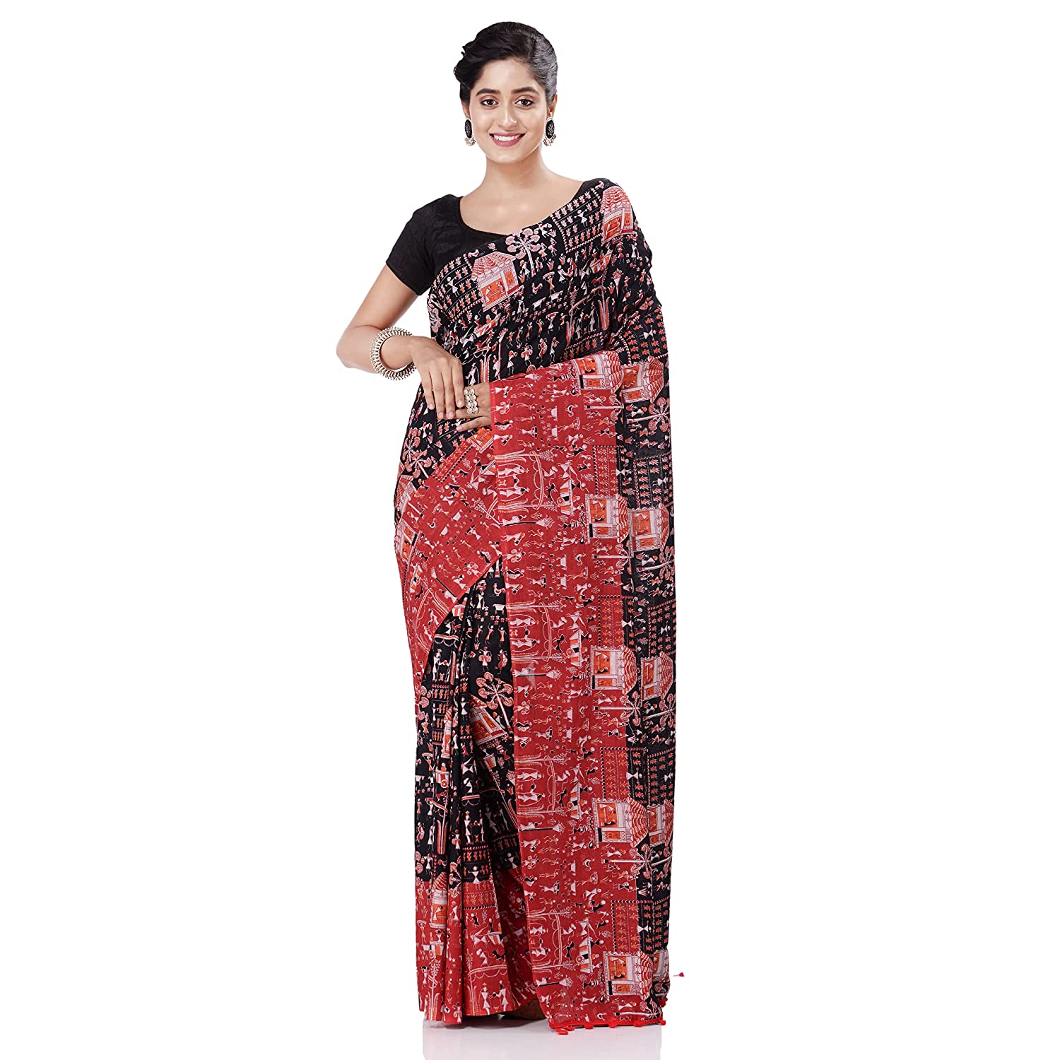 Desh Bidesh Women's Traditional Bengal Soft Kalamkari Printed Handloom Cotton Saree Border Tassels Without Blouse Piece - Distacart