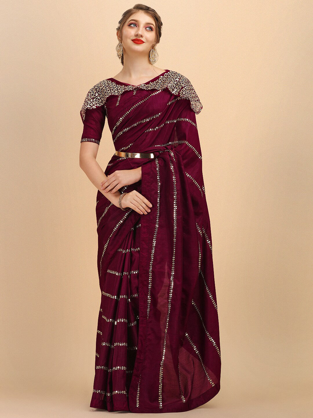 Sangria Women Burgundy Sarees - Distacart