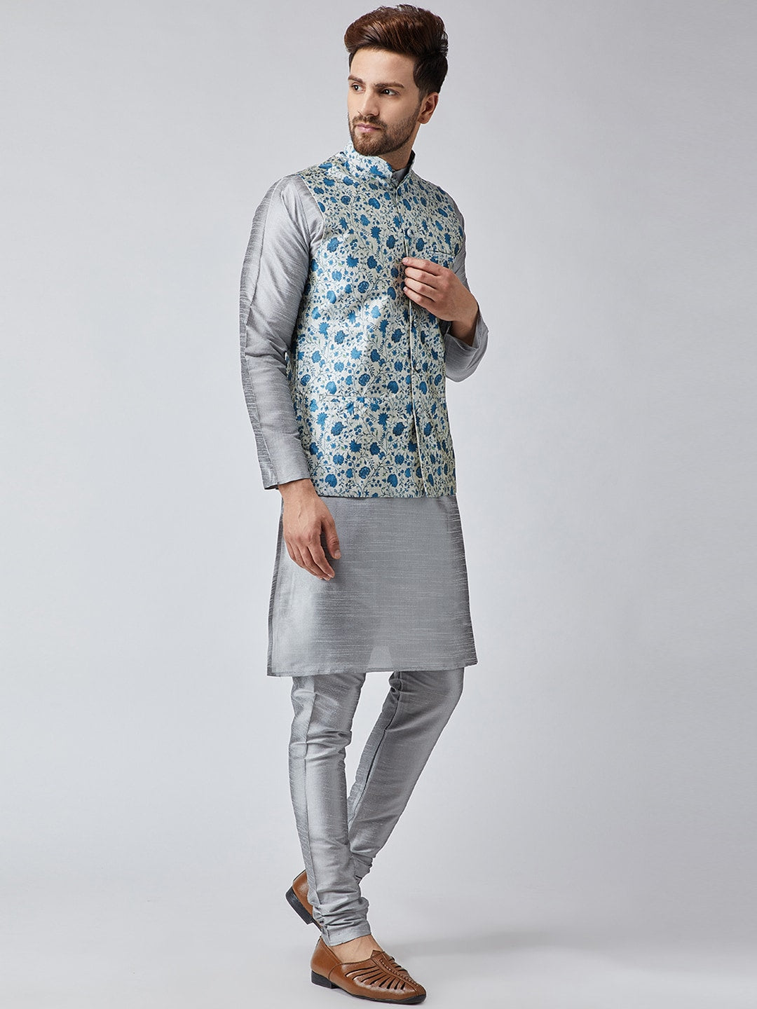 Sojanya Men Grey & Blue Self Design Kurta with Churidar & Nehru Jacket - Distacart