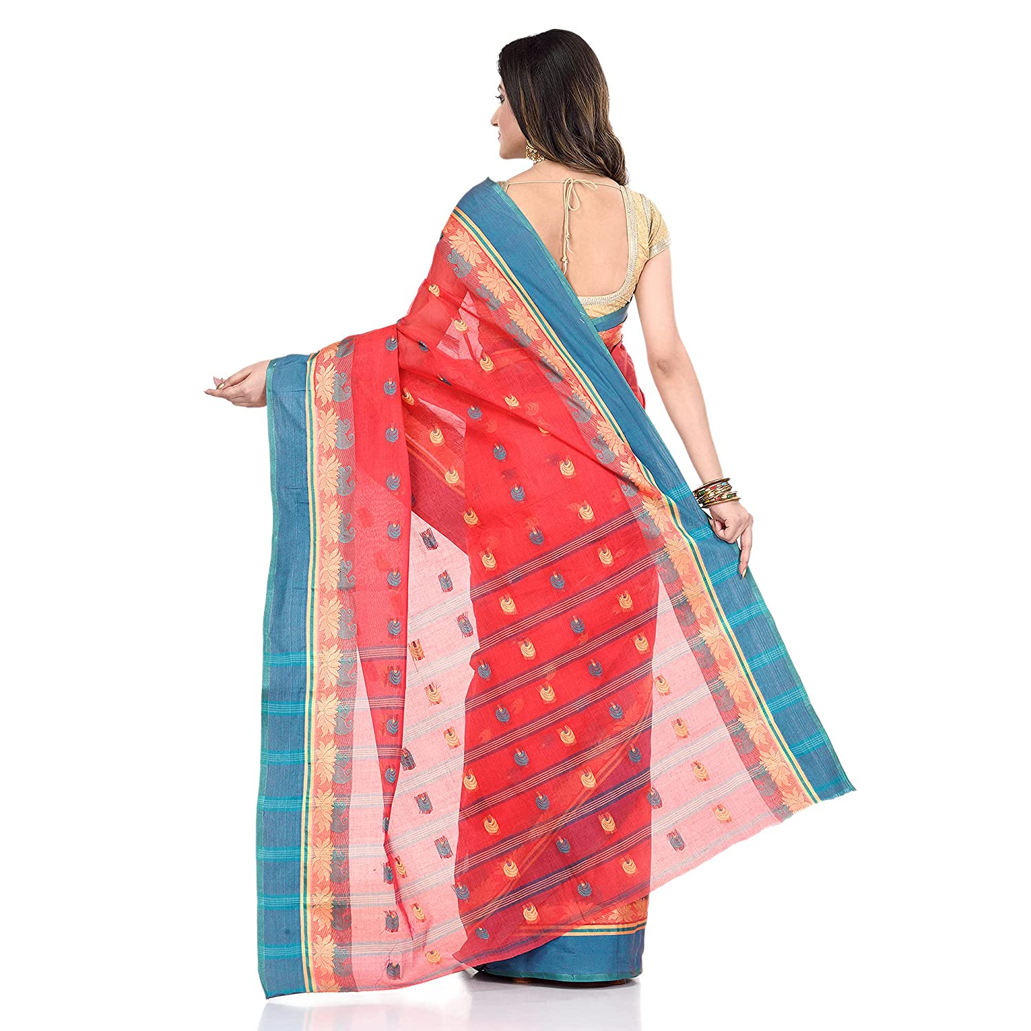 Desh Bidesh Women's Traditional Bengal Tant Woven Lotus Kolka Design Pure Cotton Handloom Saree Without Blouse Piece - Distacart