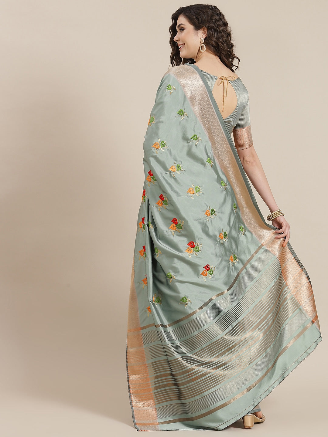 Mitera Blue Floral Embroidered Chanderi Saree - Distacart