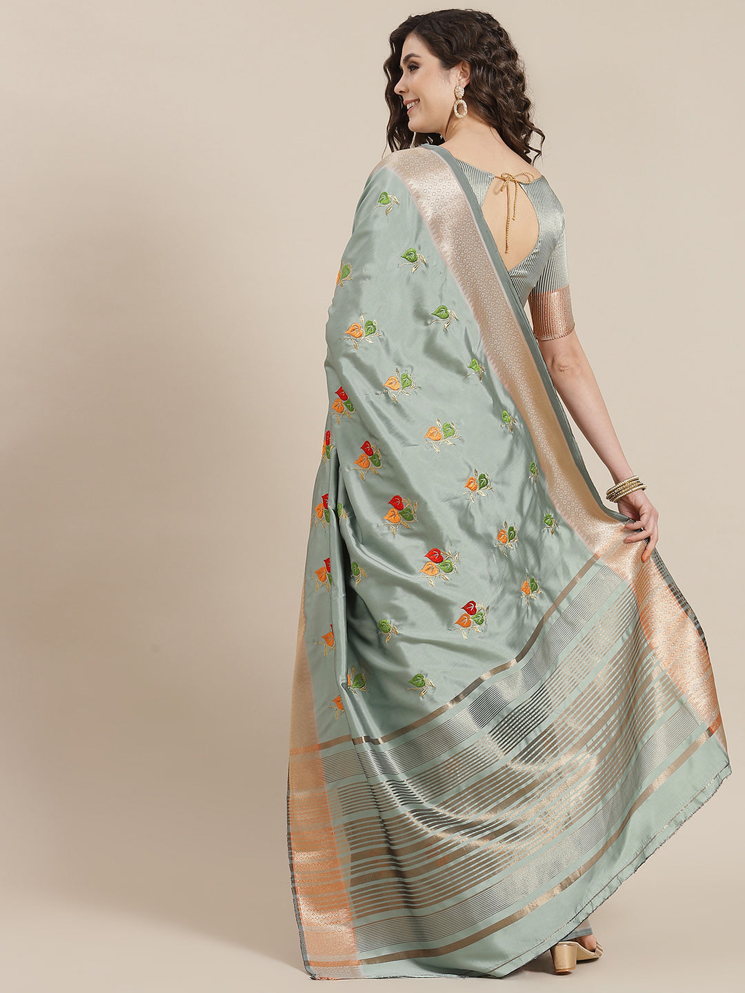 Mitera Blue Floral Embroidered Chanderi Saree - Distacart