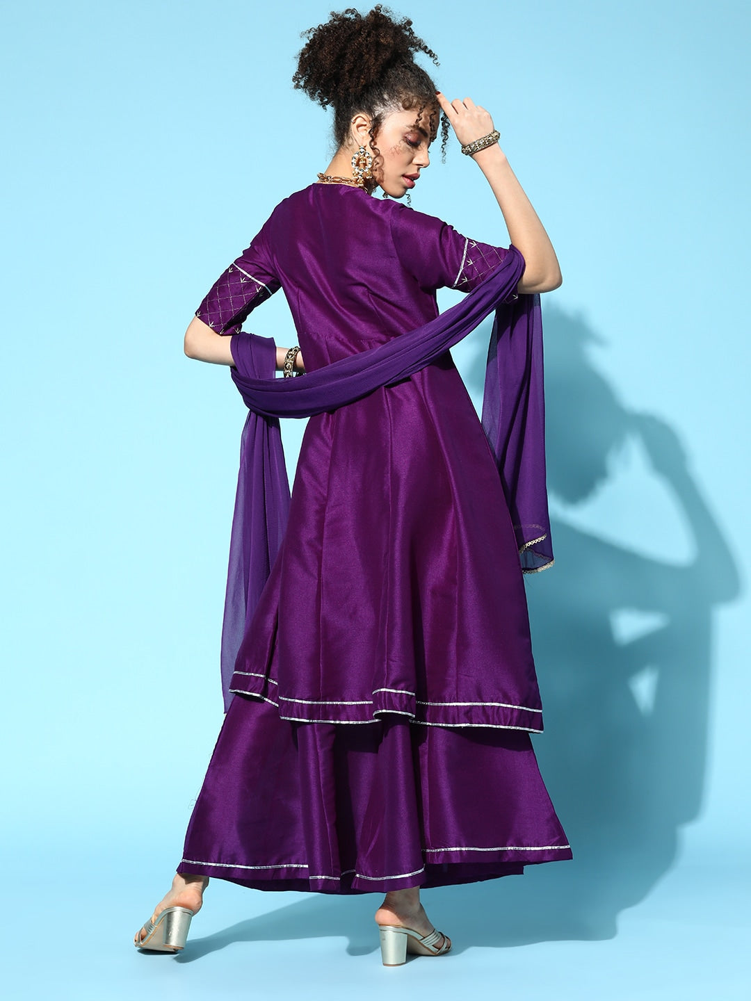 Sangria Women Purple & Silver Ethnic Motifs Gotta Patti Kurta with Palazzos & Dupatta - Distacart