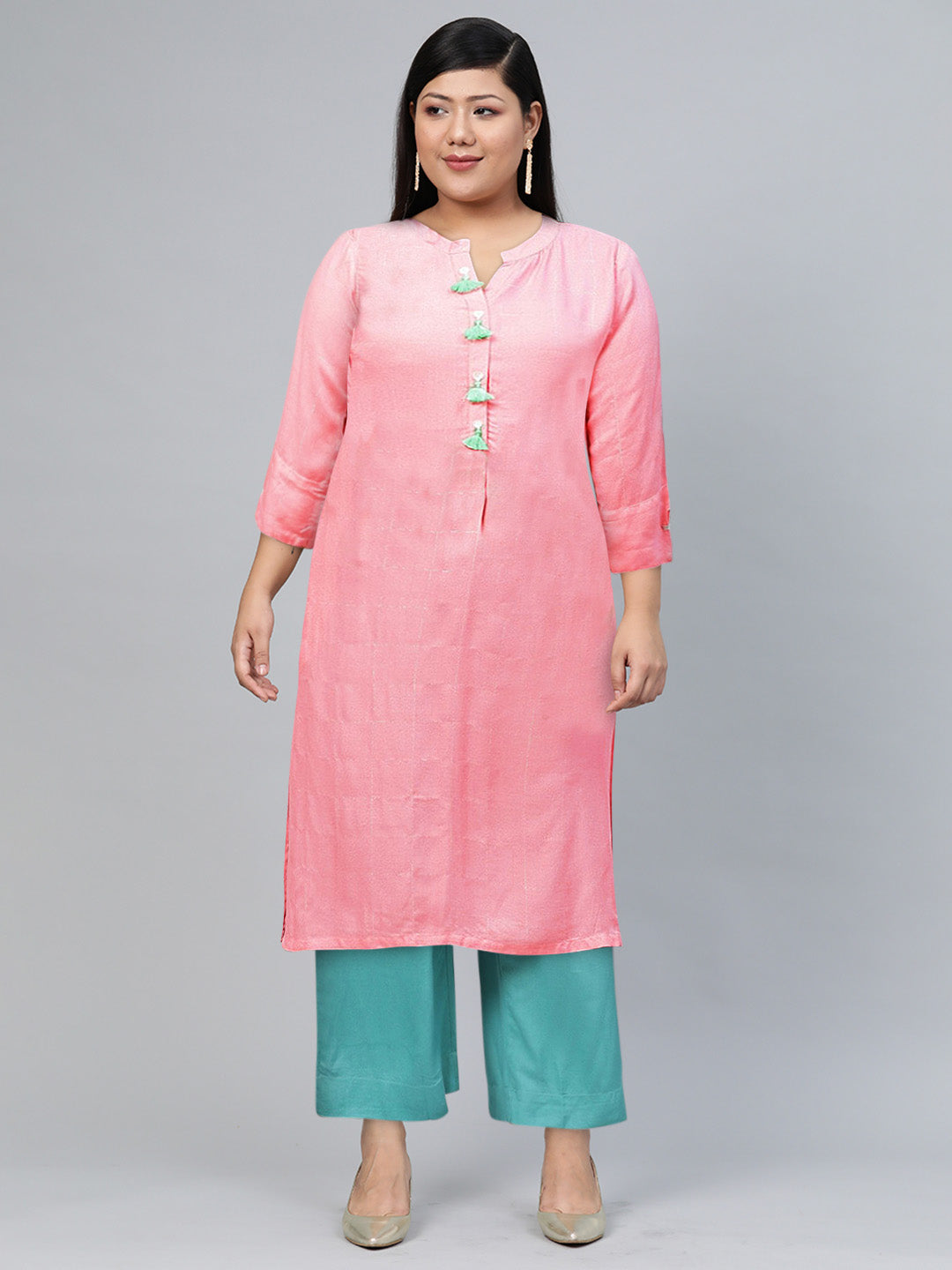 Biba Women Pink & Silver Checked Straight Kurta - Distacart