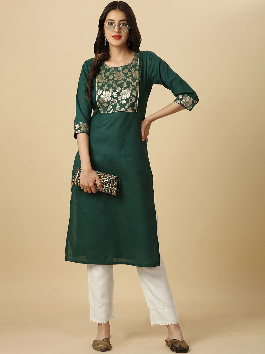 HERE&NOW Green Floral Yoke Design Gotta Patti Kurta - Distacart