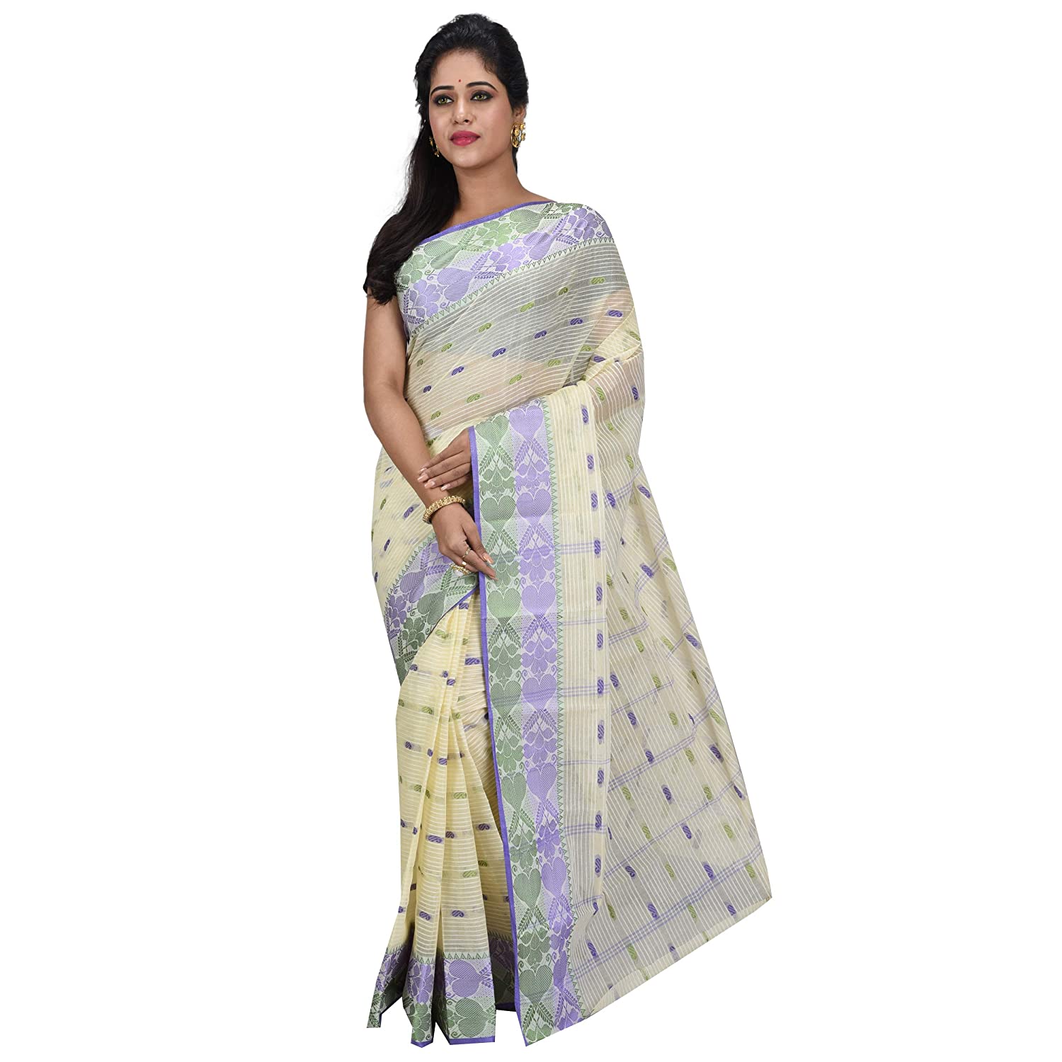 Desh Bidesh Women Pure Cotton Traditional Handloom Bengal Tant Saree Noyonchuri Design Without Blouse Piece (Purple Green) - Distacart