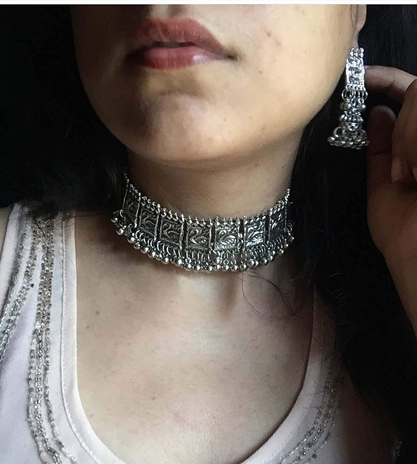 Silver-Plated Alloy Oxidised Silver Geometric Necklace - The Pari - Distacart