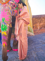 Thumbnail for Mitera Peach-Coloured & Gold-Toned Ethnic Motifs Zari Silk Blend Banarasi Saree - Distacart