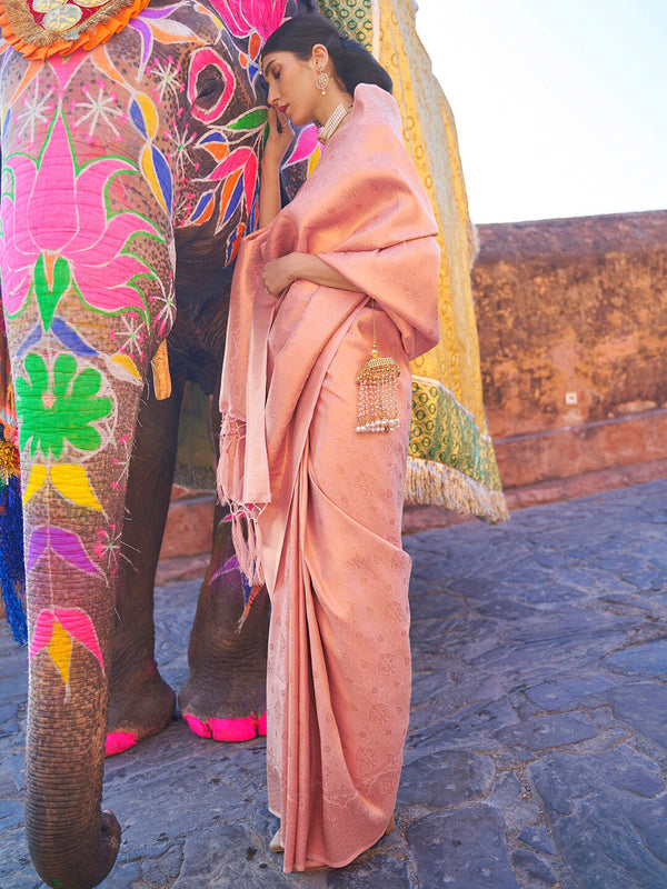 Mitera Peach-Coloured & Gold-Toned Ethnic Motifs Zari Silk Blend Banarasi Saree - Distacart