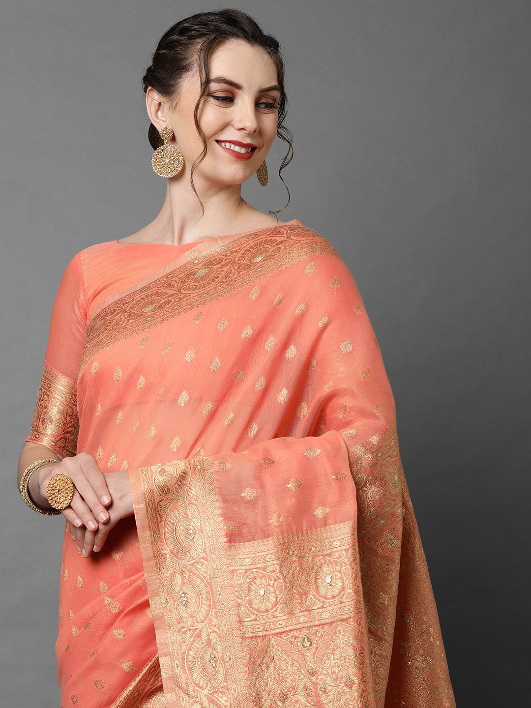Mitera Peach-Coloured & Gold Floral Woven Design Silk Blend Banarasi Saree - Distacart