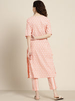 Thumbnail for Sangria Women Peach-Coloured & White Ethnic Printed Pure Cotton Kurta set - Distacart