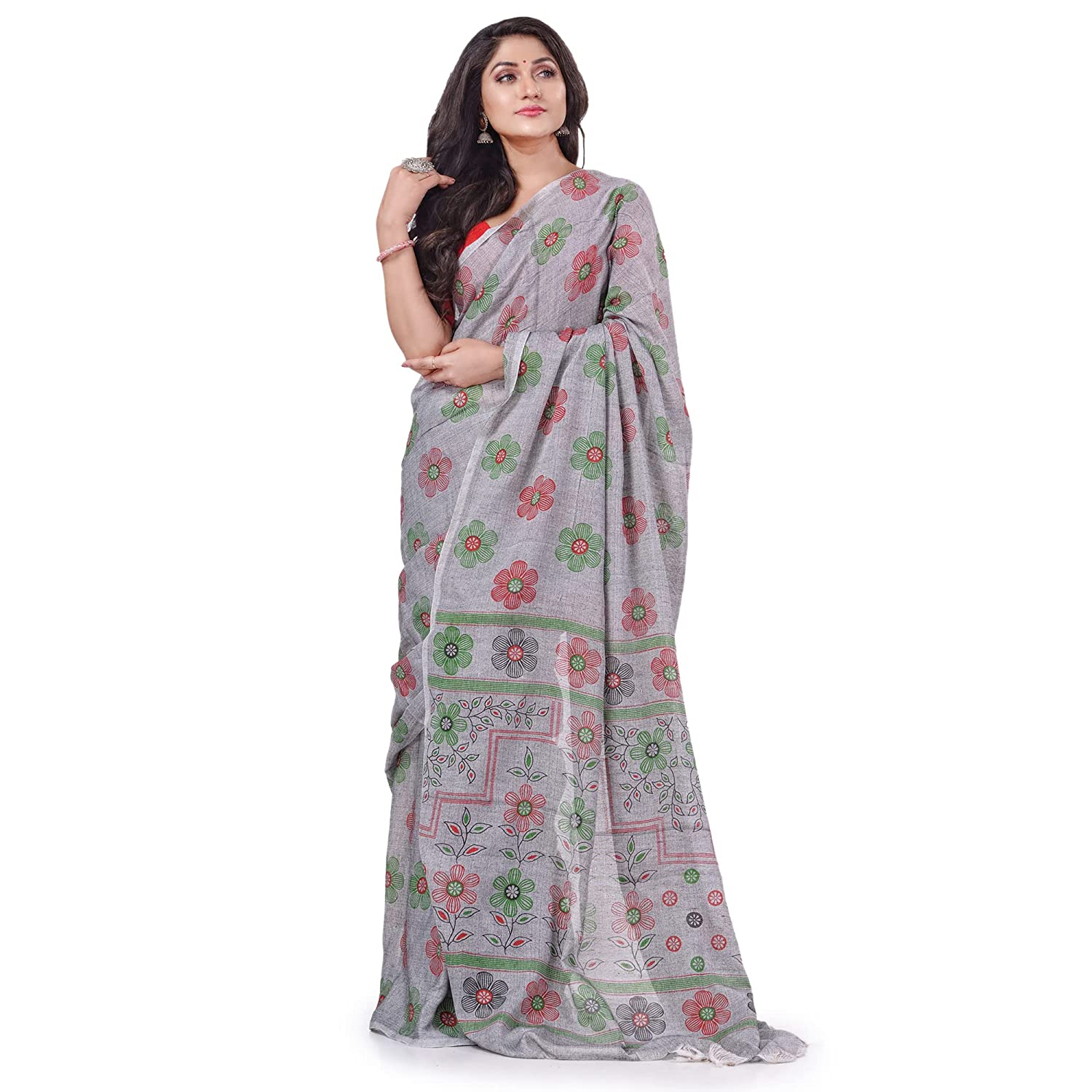 Desh Bidesh Women's Pure Cotton Flower Printed Designer Handloom Saree With Blouse Piece - Distacart