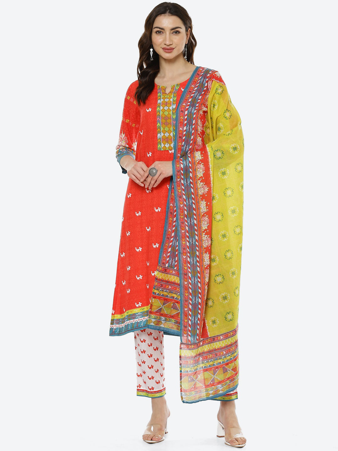 Biba Women Red Ethnic Motifs Printed Kurti with Trousers & With Dupatta Kurta Set - Distacart