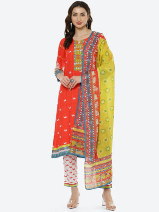 Biba Women Red Ethnic Motifs Printed Kurti with Trousers & With Dupatta Kurta Set - Distacart