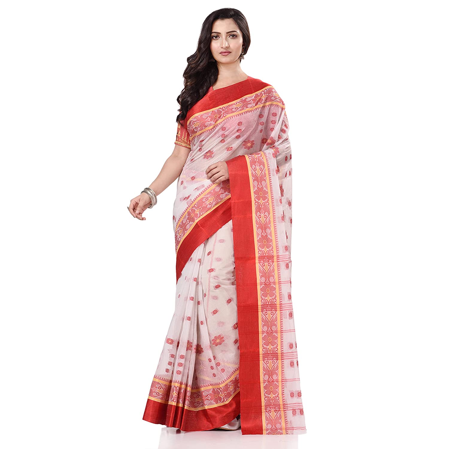 Desh Bidesh Women's Traditional Bengal Phulkoli Woven Design Pure Handloom Cotton Saree Without Blouse Piece - Distacart