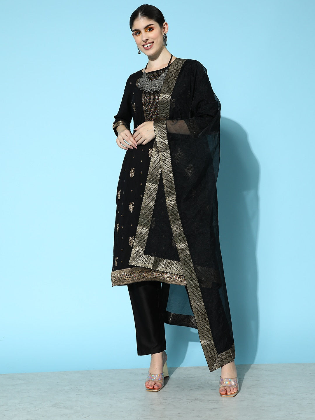 Sangria Floral Yoke Design Jacquard Kurta with Trousers & With Dupatta - Distacart
