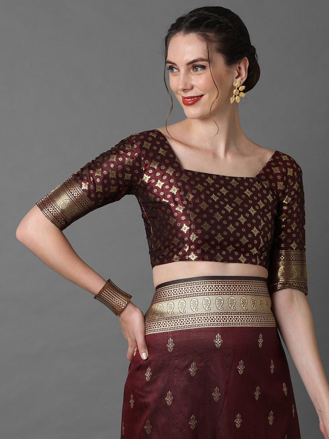 Mitera Brown & Gold-Coloured Ethnic Motifs Woven Design Silk Blend Banarasi Saree - Distacart