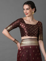Thumbnail for Mitera Brown & Gold-Coloured Ethnic Motifs Woven Design Silk Blend Banarasi Saree - Distacart