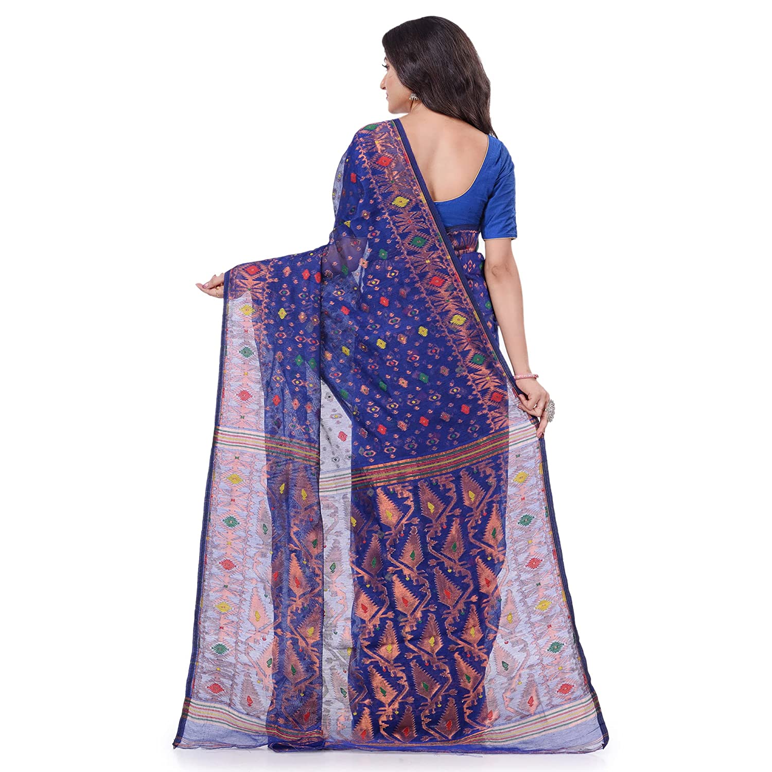 Desh Bidesh Women's Zari Karat Resham Dhakai Jamdani Bengal Pure Cotton Handloom Saree Whole Body Design Without Blouse Piece - Distacart