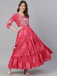 Thumbnail for Ishin Women Pink Printed Anarkali Round Neck Regular Sleeves Kurta - Distacart