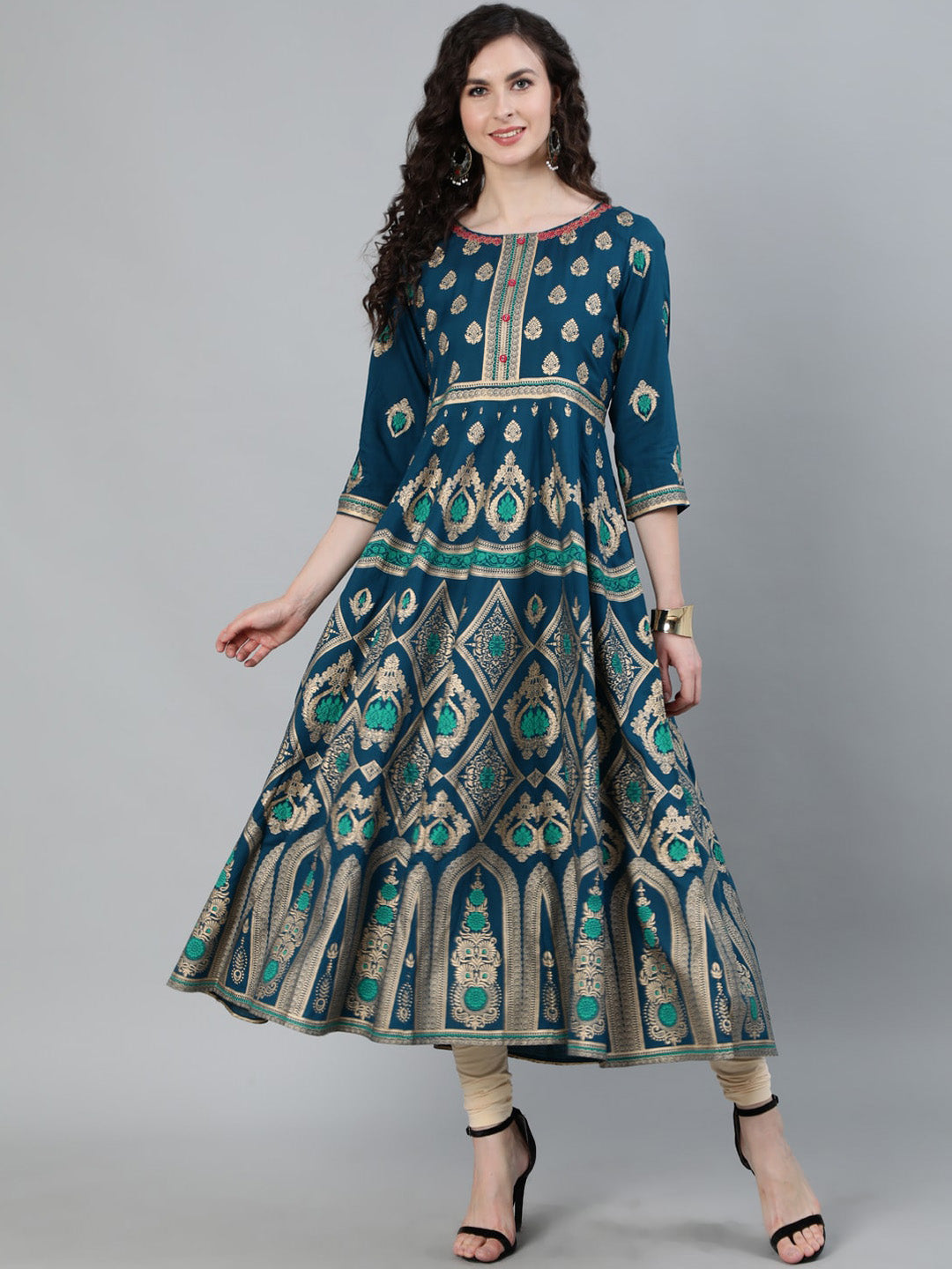 Jaipur Kurti Women Turquoise Blue & Gold Ethnic Motifs Printed Handloom Anarkali Kurta - Distacart