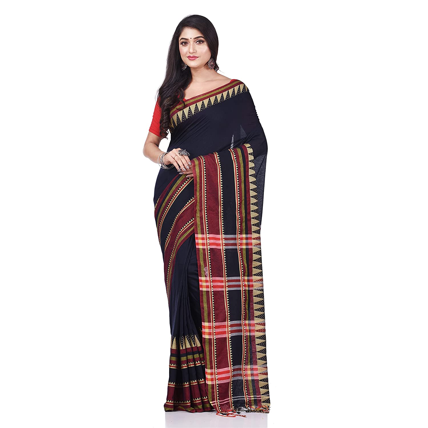 Desh Bidesh Women's Traditional Bengali Mandir Designed Pure Handloom Cotton Saree With Blouse Piece - Distacart