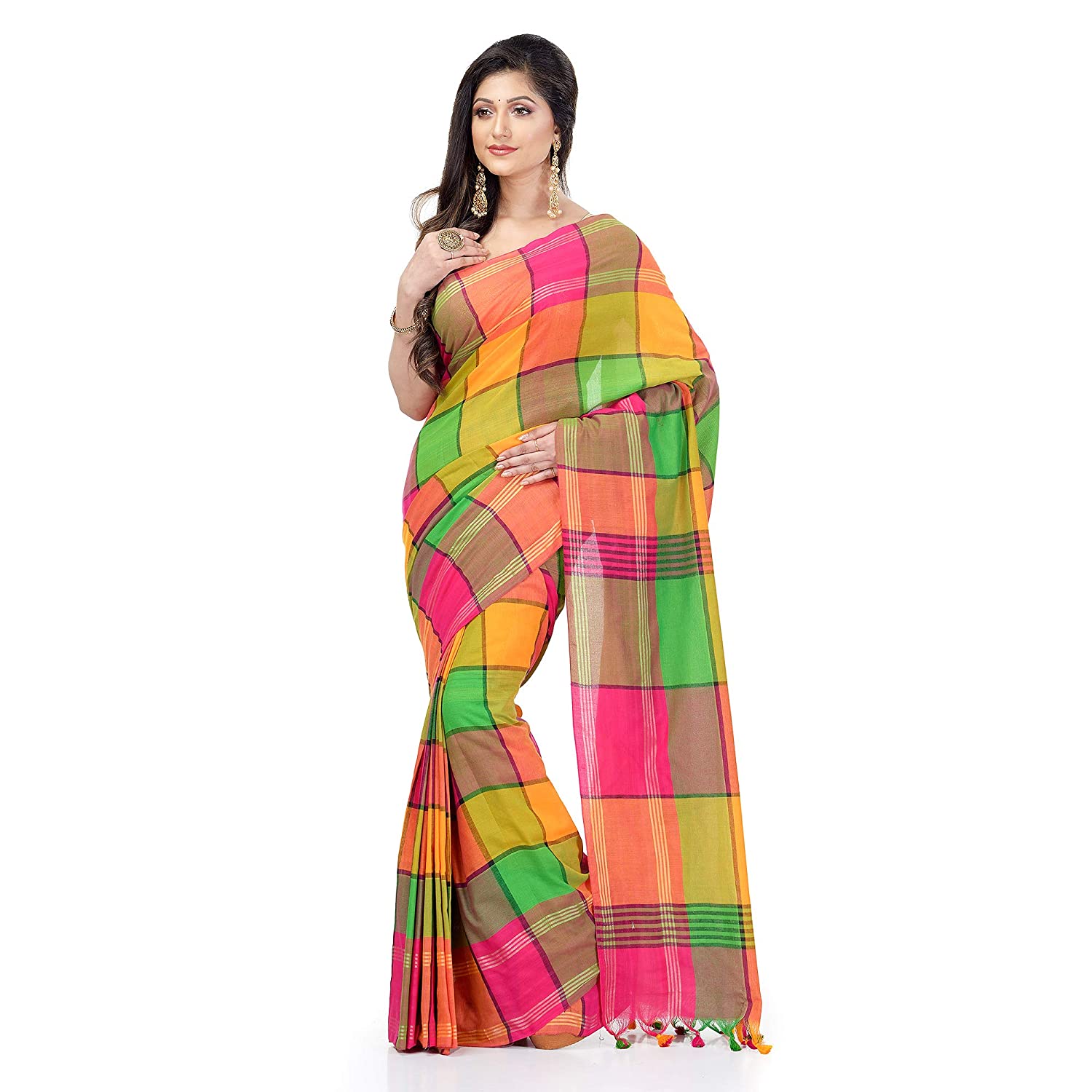 Desh Bidesh Women's Traditional Bengali Tant Handloom Pure Cotton Saree Checked Desigined With Blouse Piece - Distacart